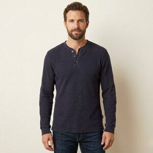 English Laundry Lions Crest Henley Shirt Blue  XL Long Sleeve Patches Waffle